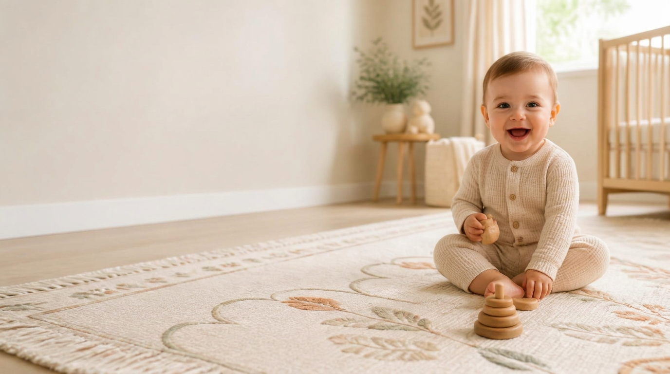 A smiling baby sitting on a cream Little Woven rug in a bright, airy nursery