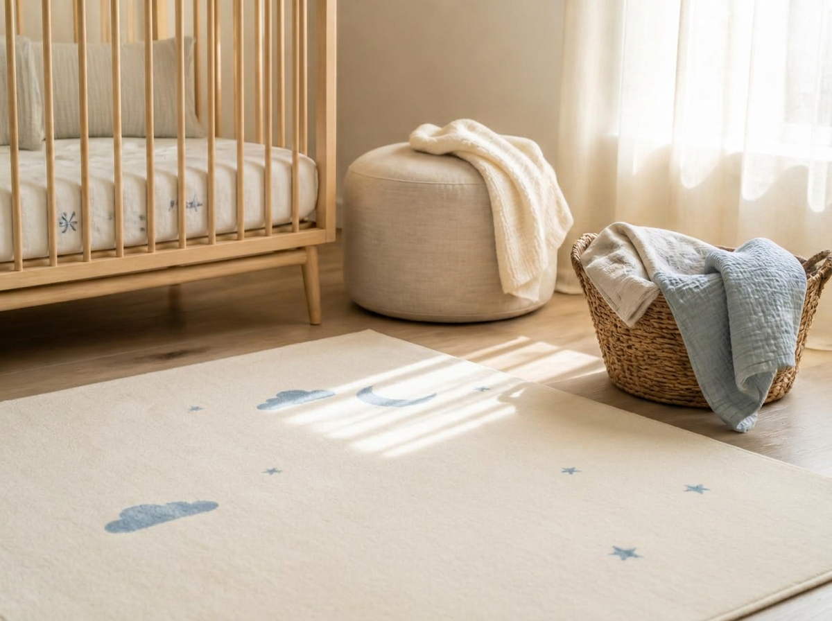 A calm nursery corner with a light wood crib, linen pouf, and an ivory washable cotton rug