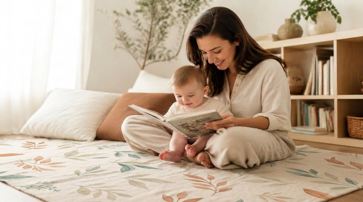 A mother reading a picture book with her baby on a washable cotton Little Woven rug